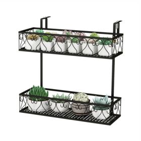 2-Tier Adjustable Railing Plant Stand With Hooks, Metal Hanging Flower Pot Holder For Balcony Porch (Option: Black)
