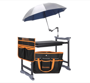 Garden Kneeler and Seat with Umbrella, 2-in-1 Foldable Gardening Stool with Adjustable Bracket, Detachable Tool Bags (Color: Black & Orange)